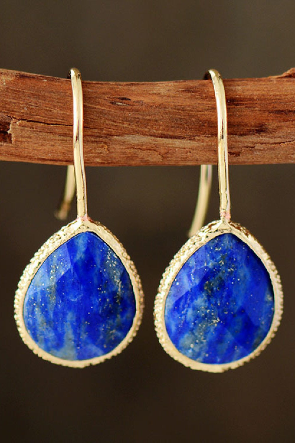 Handmade natural stone teardrop earrings with 14K gold-plated copper and deep blue stones
