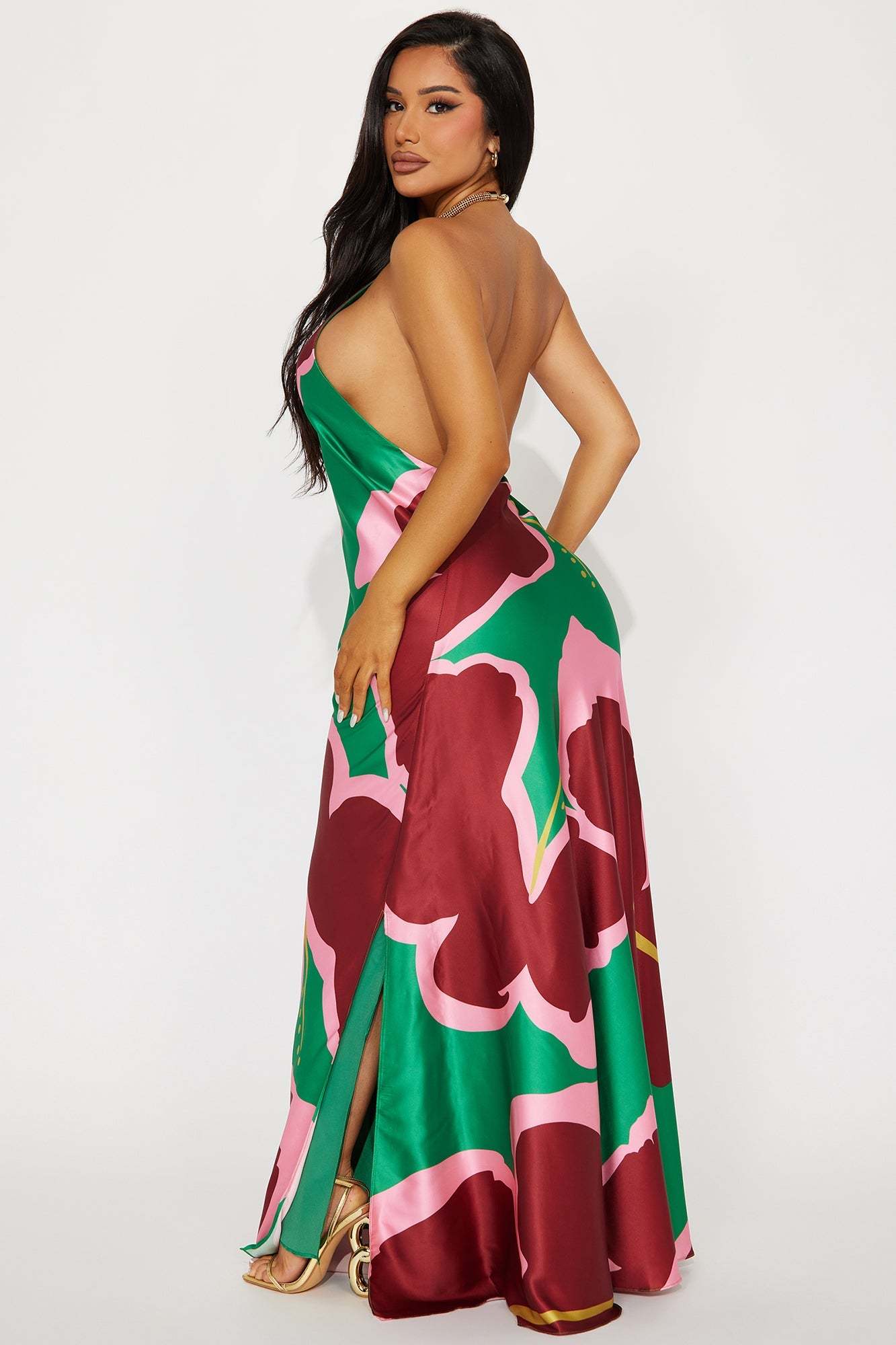 Venice Satin Maxi Dress - Multi ColorAvailable In Multi Color. Satin Maxi Dress High neck w/ hardware Sleeveless Open back Side slit Lined Disclaimer: Print Placement May Vary. Self/ Lining: 100% PolyesDressesVenice Satin Maxi Dress