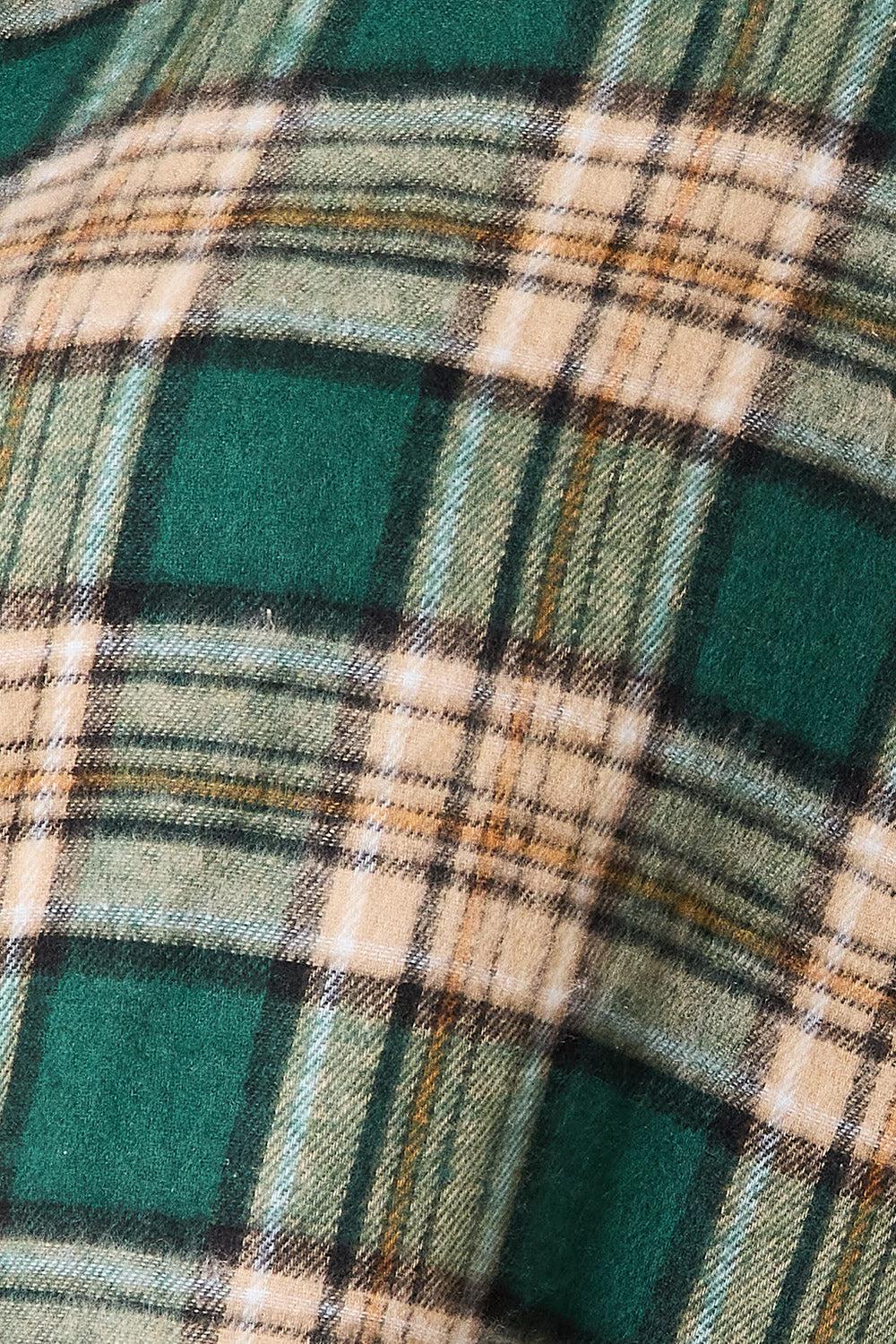 Close-up of green and beige plaid fabric for Mandy Plaid Collared Neck long sleeve shirt