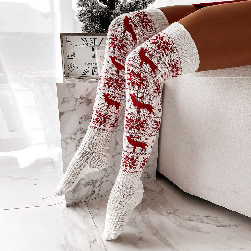 Winter Christmas Warm Knitted Women Stocking Beautiful Elk Snowflake Jacquard Over-the-knee Casual Long Socks For Ladies Gifts Free Size.