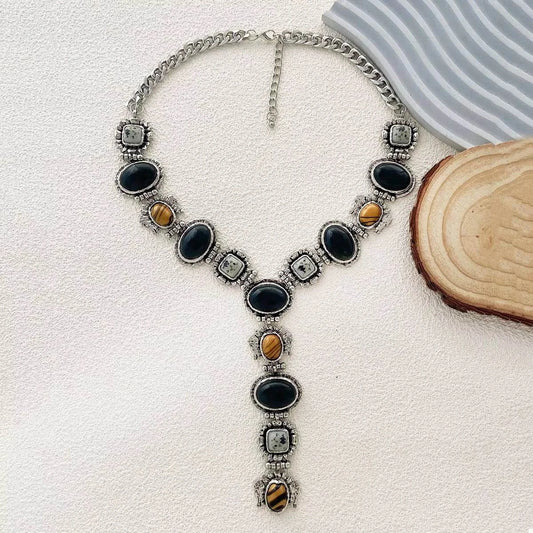 Resin zinc alloy Y-shape silver-plated necklace with black and brown stones