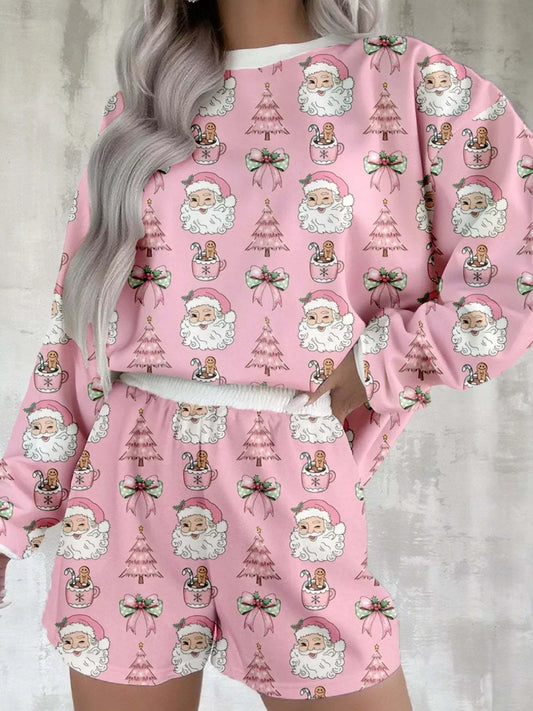 Christmas Santa Print pink lounge set with round neck top and shorts