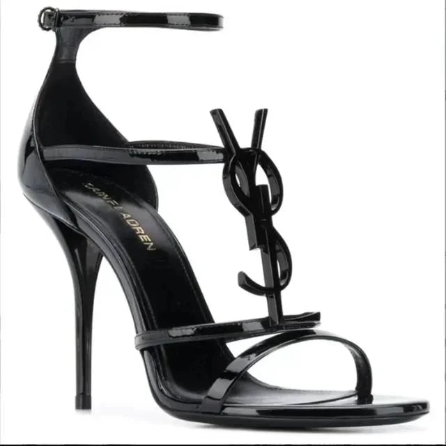 Buckle High Heels Black Open Toe Sandals