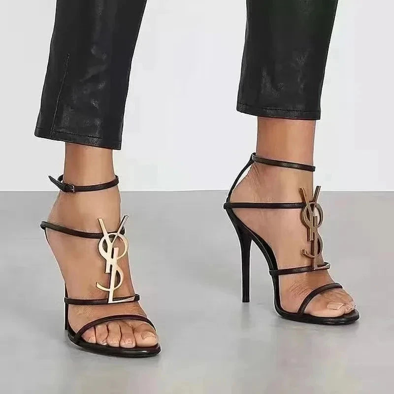 Buckle High Heels Black Open Toe Sandals