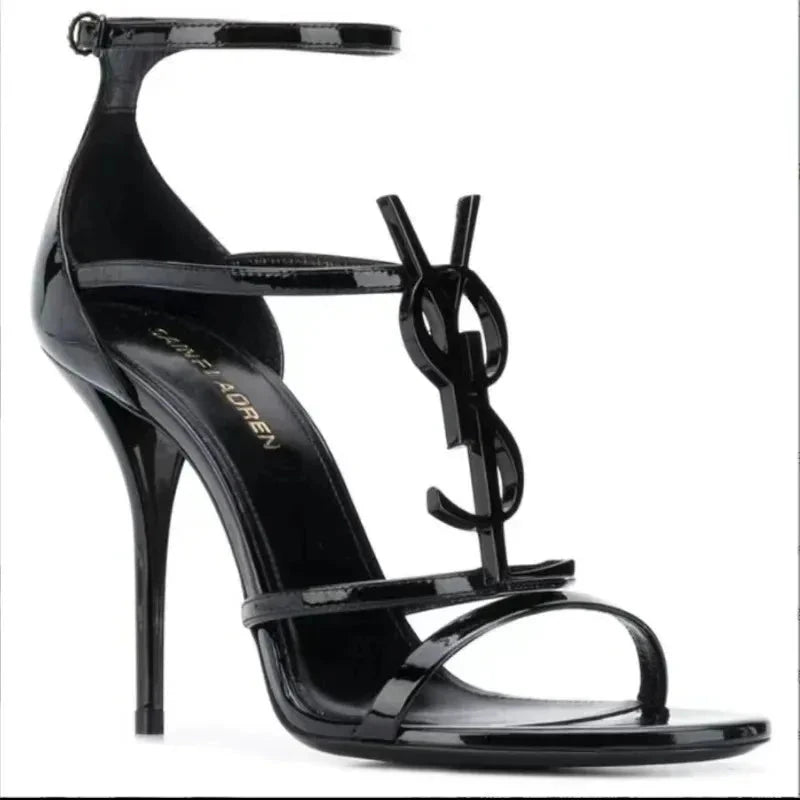 Buckle High Heels Black Open Toe Sandals