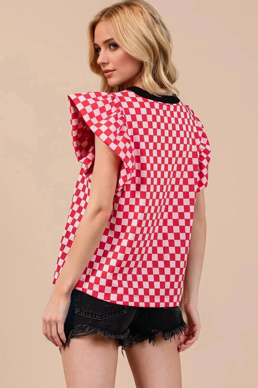 Oh Checkered Puff Sleeve Blouse with Round Neck - Redemption By Ashley North