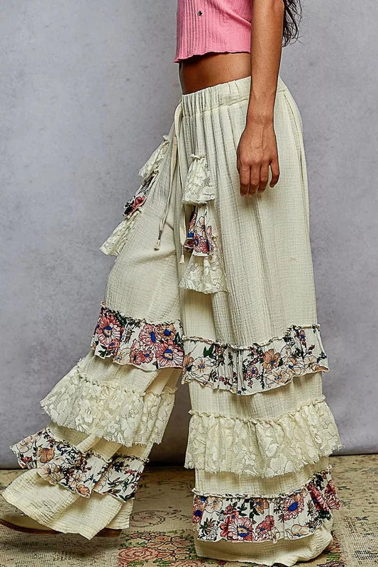 POL Drawstring Double Gauze Wide Leg Pants with Print and Lace Ruffle.