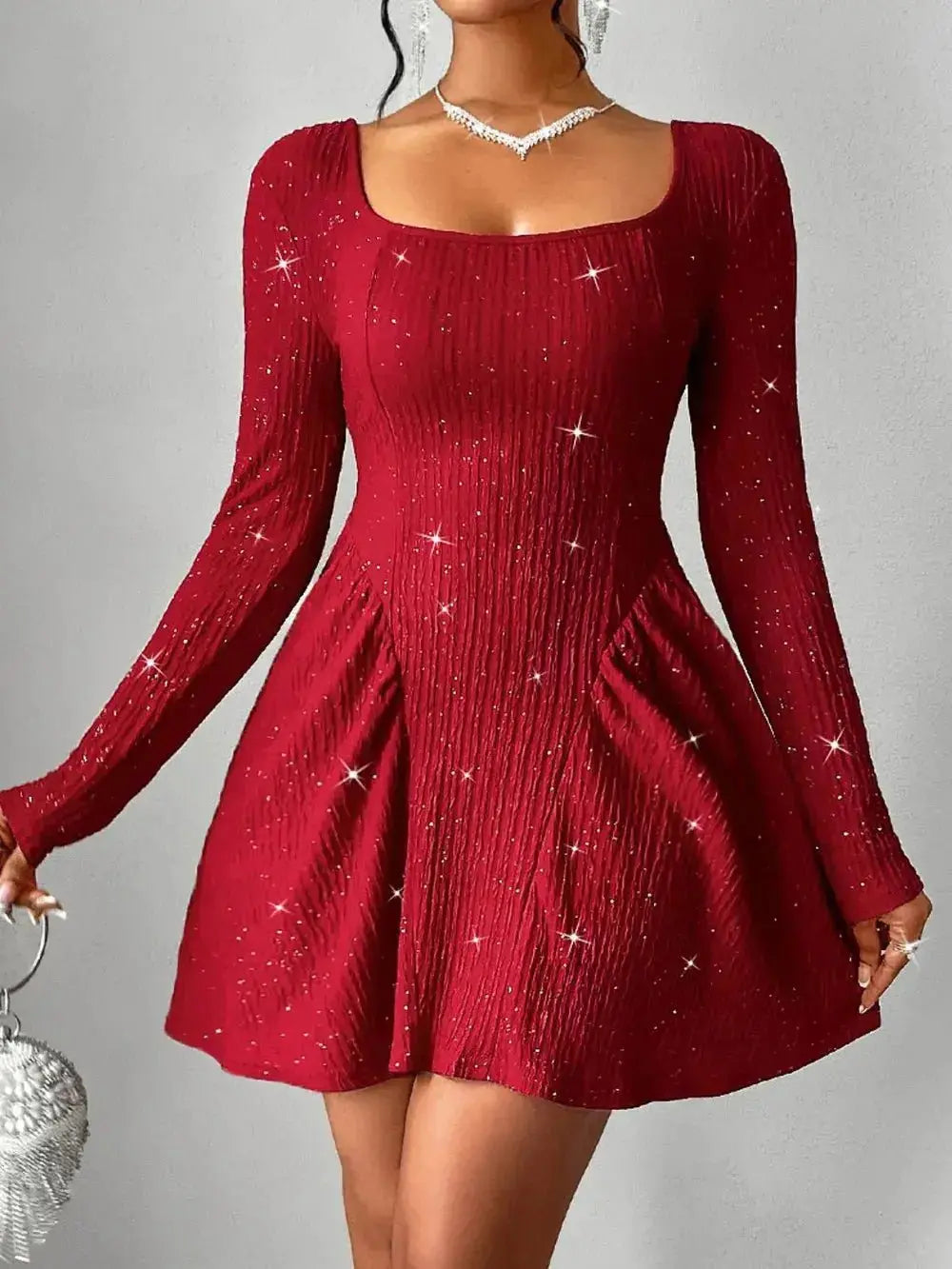 Backless Glitter Square Neck Long Sleeve Mini Dress.