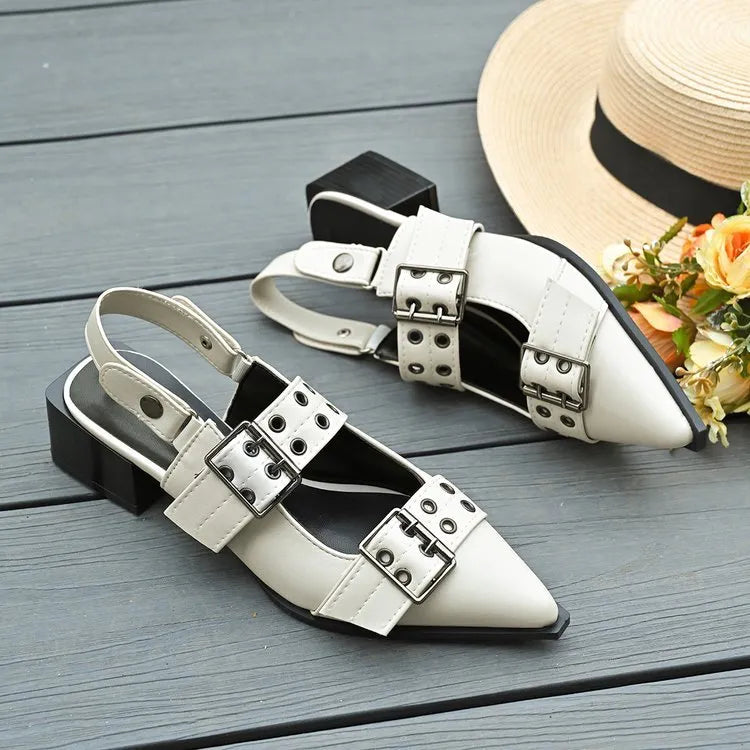 Point Toe Block Heels Slingback Pumps.