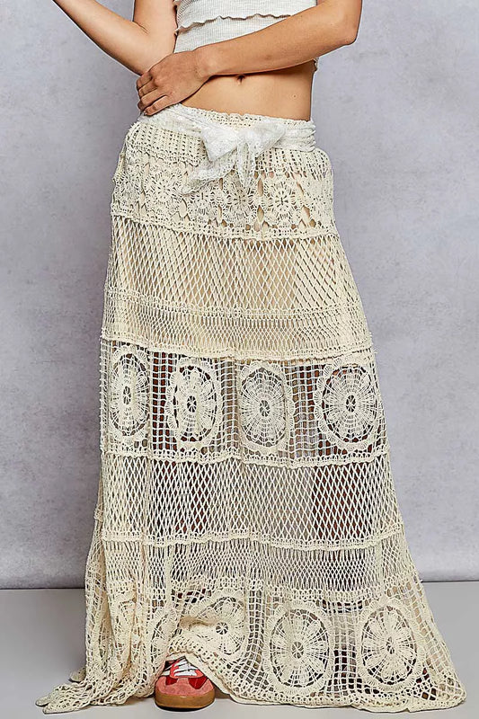 POL Crochet Floral long flared skirt with elastic waistband and knit lining in cream crochet design