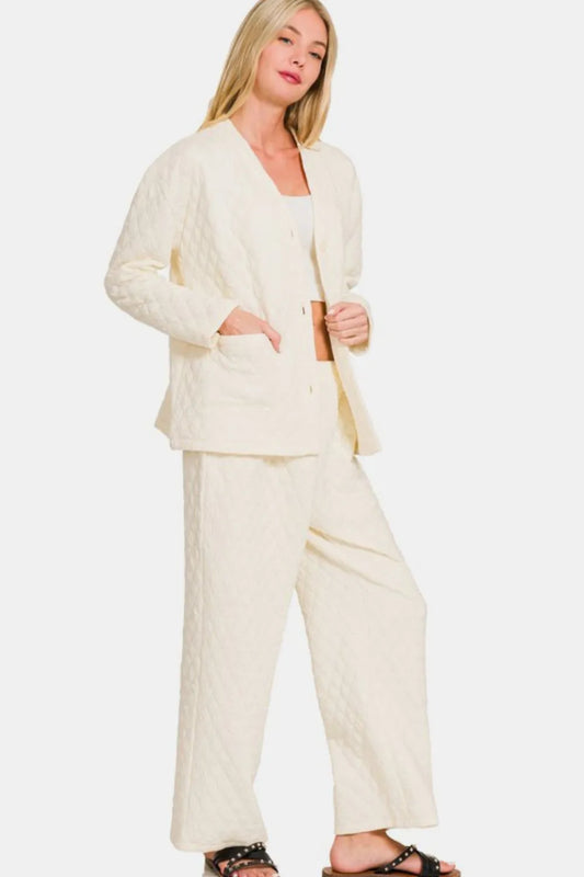 Zenana Quilted Button Up Long Sleeve Top and Pants Lounge Set.