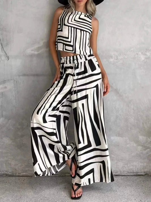 Geometric Print Top and Pants Set - Sleeveless Wide Leg Outfit - Redemption By Ashley North