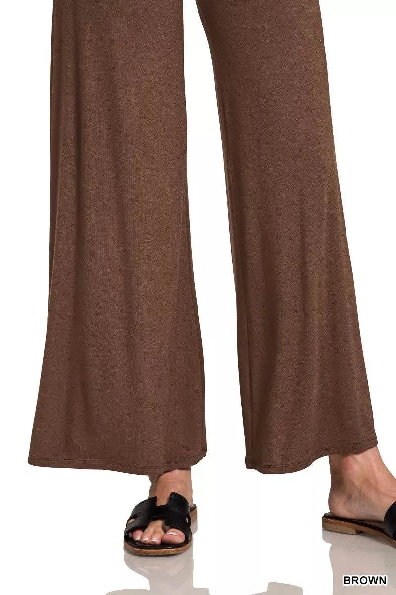 Zenana Fold Over Waist brown wide-leg comfy pants with fold-over waistband and pockets