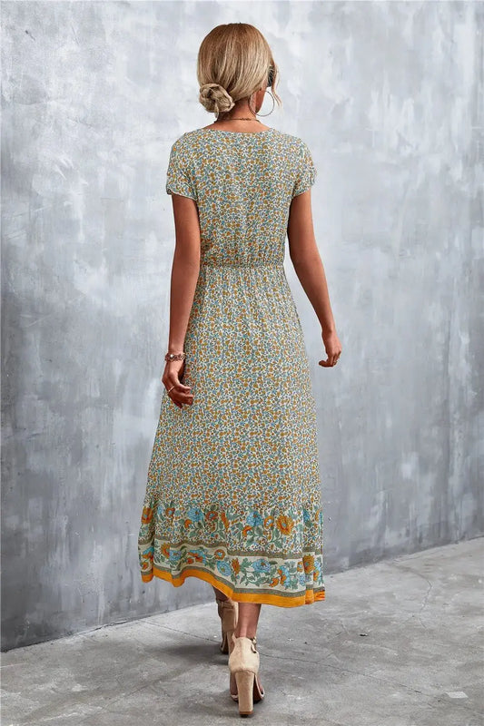 Bohemian Maxi Dress for Women: V-Neck Short Sleeve Printed Maxi Dress - Redemption By Ashley North
