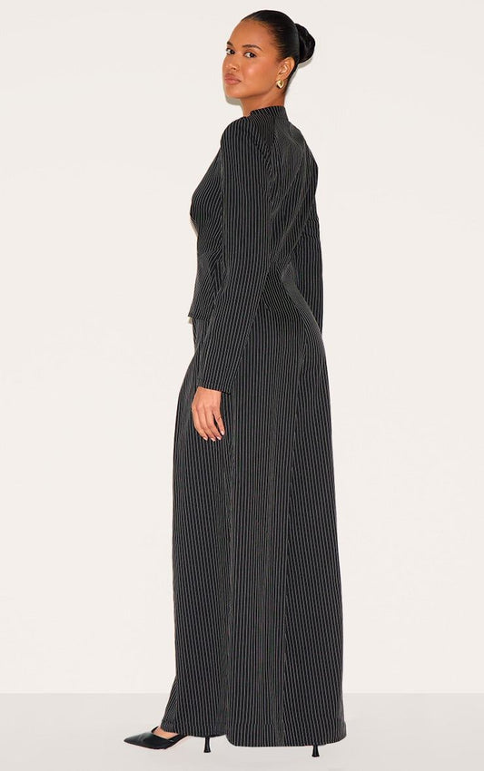 Black pinstripe shirt detail straight leg tailored jumpsuit for evening wear