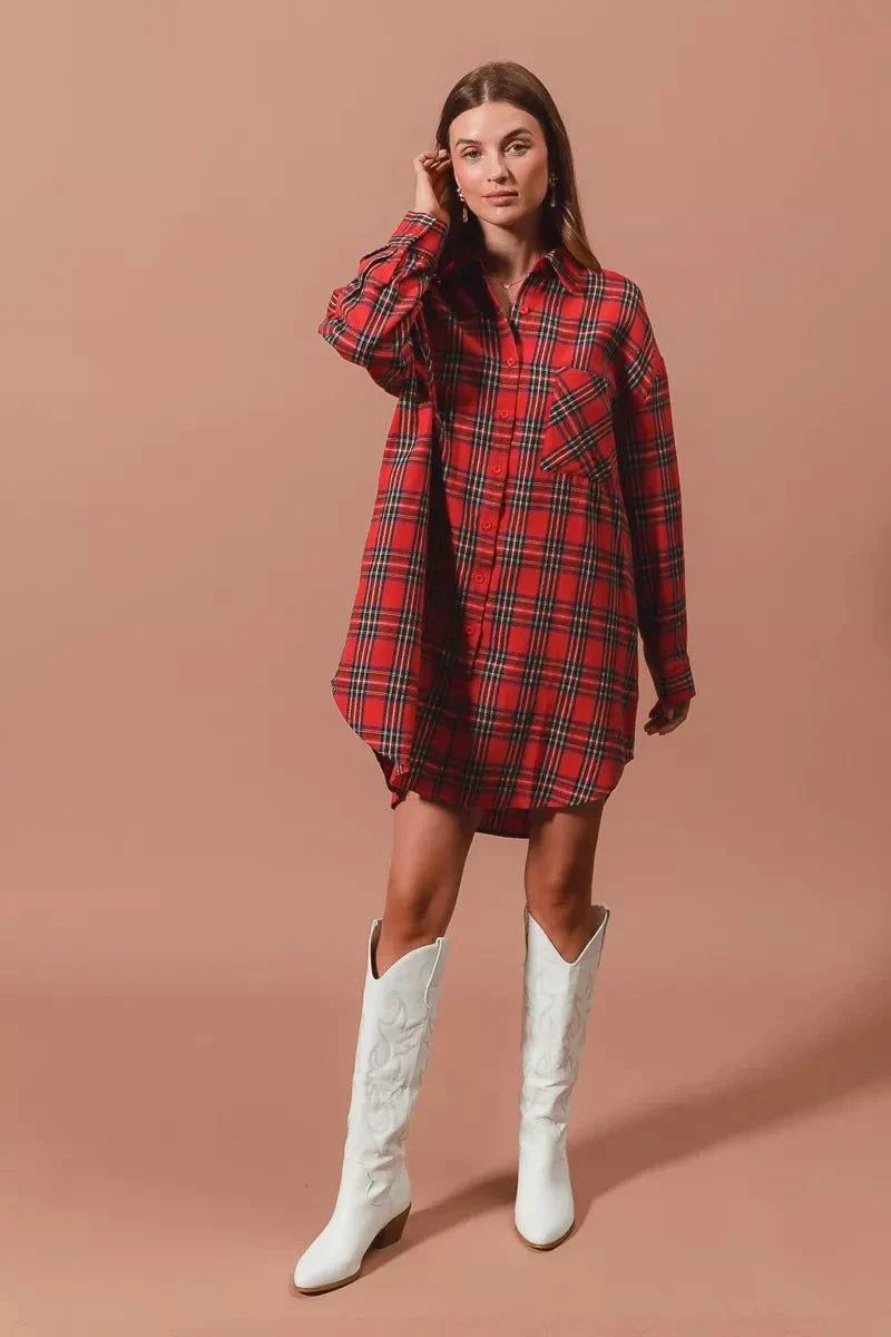 SO ME Christmas Checker Plaid Button Up Shirt DressThis Red Plaid Oversized Shirt Dress is a stylish and comfortable choice for any occasion. Made from a soft and breathable fabric, this dress features a classic plaiChristmas Checker Plaid