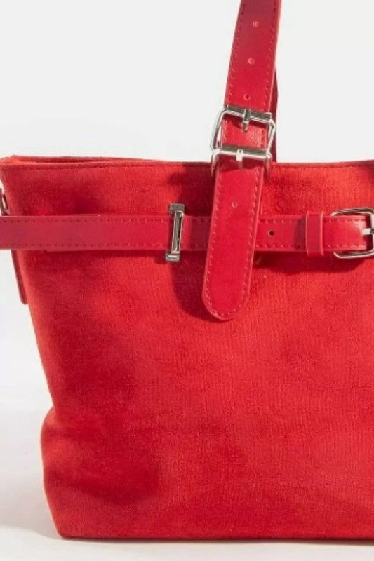Red Fame Faux Leather tote bag with buckle strap detail and medium size design