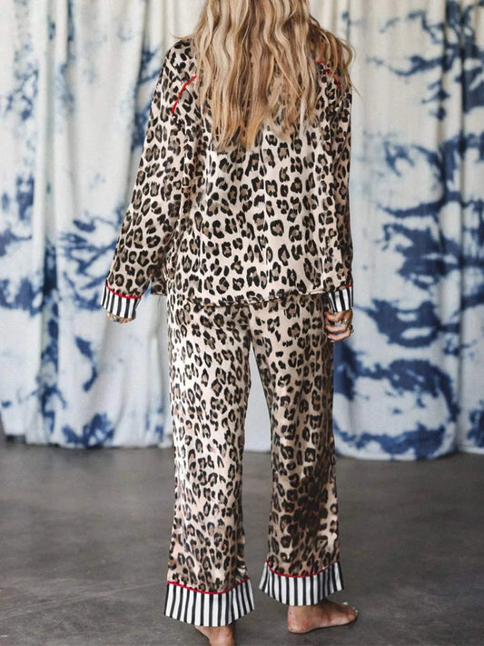 Back view of leopard and striped trim shirt and pants set with buttoned, drawstring, and pocketed design on a woman with long hair.