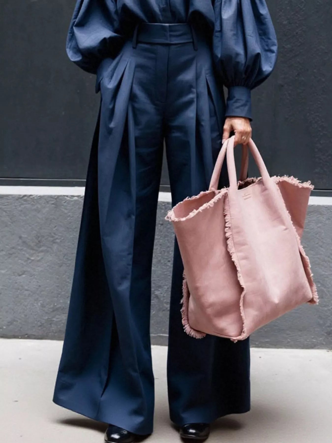 Navy two-piece lantern sleeve shirt and wide leg pants set with pockets and no stretch fabric
