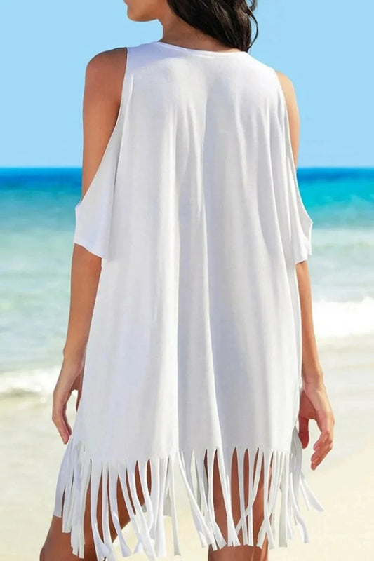 Fringe V-Neck Cold Shoulder Cover Up - Redemption By Ashley North