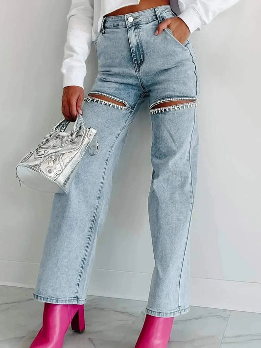 High Waist Wide Leg Jeans with Cut-Out Design - Redemption By Ashley North