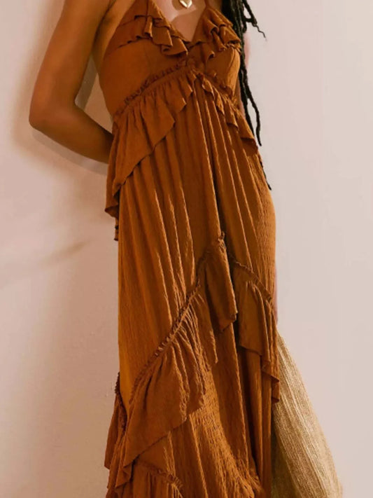 Brown ruffled halter neck maxi dress with tiered layers and tie detail