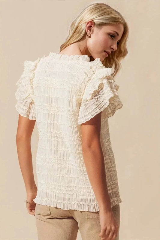 Oh Full Size Frill Notched Sleeve Blouse with Flounce Sleeves - Redemption By Ashley North