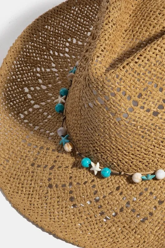 Fame Turquoise and Shell Star Beads Strap Western Straw Hat.