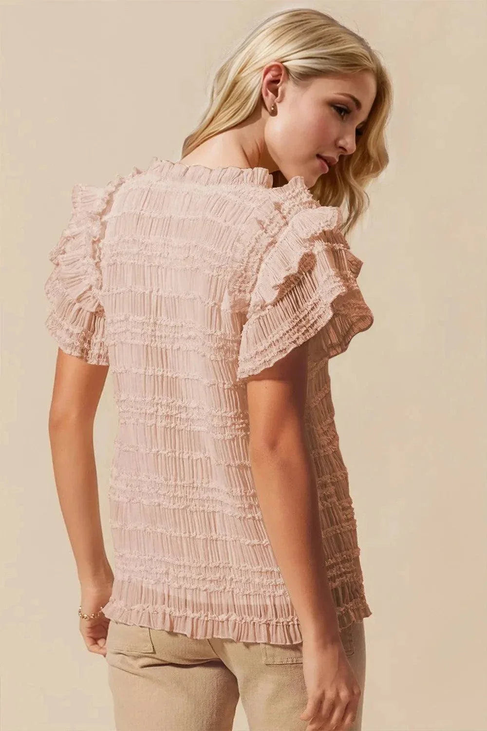 Oh Full Size Frill Notched Sleeve Blouse with Flounce Sleeves - Redemption By Ashley North