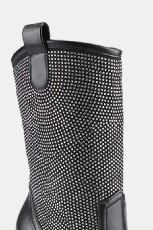 Weeboo Chunky Heel Rhinestone Western Cowboy Boots black with sparkling rhinestones and a chunky heel