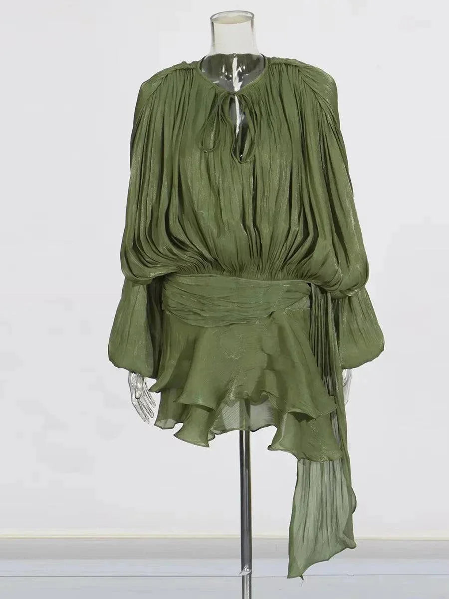 TWOTWINSTYLE V Neck Lace Up Mini Dress for Women - Solid Blouse Long Sleeve Spliced Lace Up Sweet Style Fashion - Redemption By Ashley North