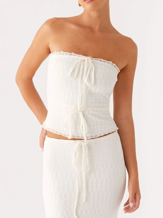 White tie front tube top with lace detail and matching maxi skirt set