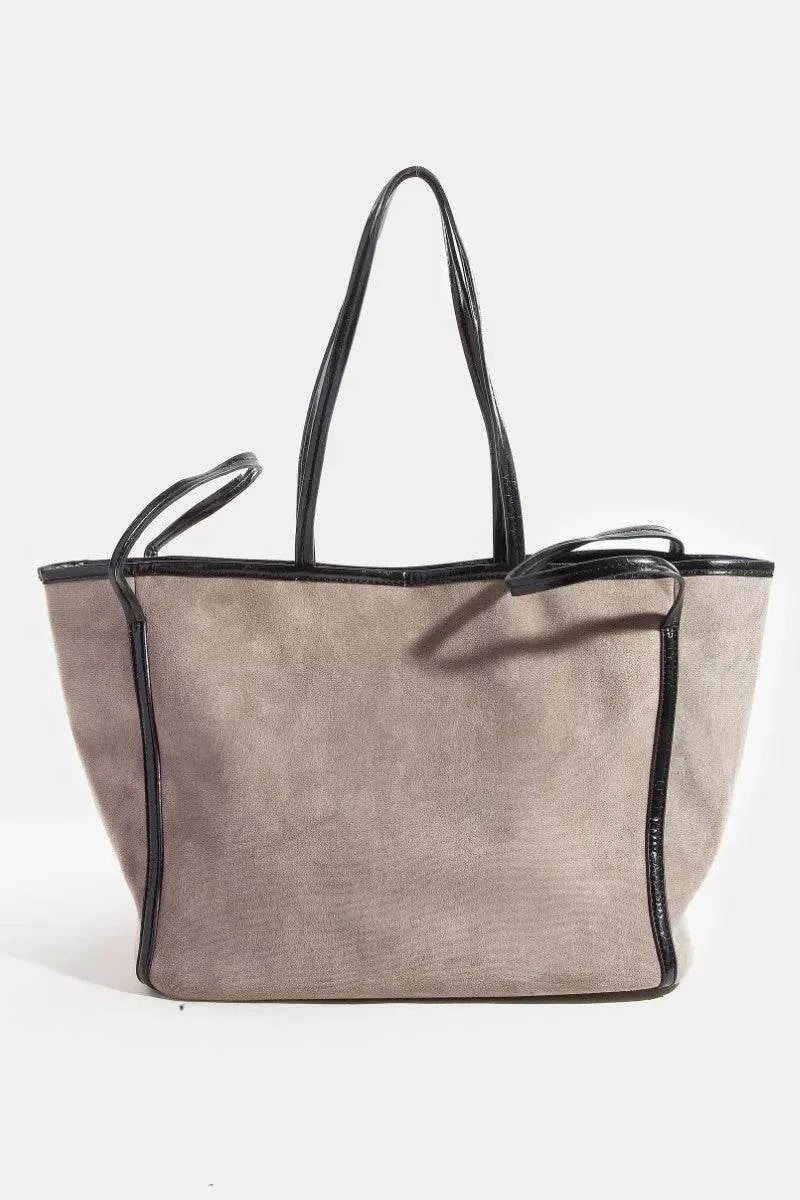 Fame Suede Tote large taupe suede bag with black faux leather trim and shoulder strap