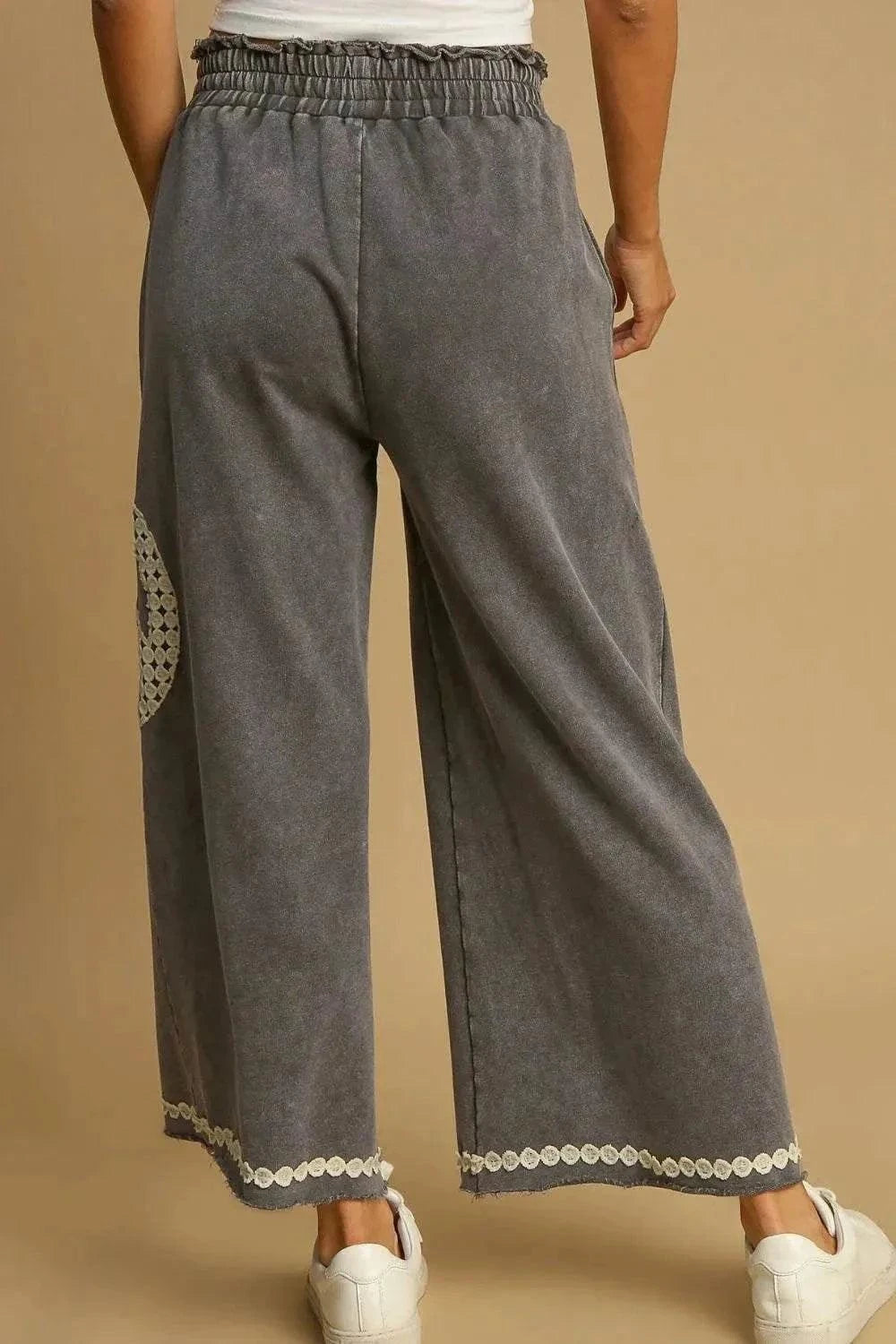 Umgee Plus Size Wide Leg Pants with Lace Applique Peace Design - Mineral Wash Style - Redemption By Ashley North