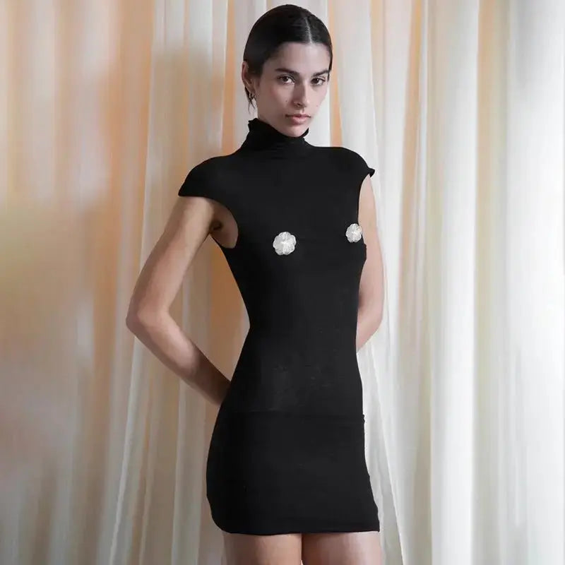 Flower Sleeveless Turtleneck Dress for Women - Solid Color Slim Fit - Redemption By Ashley North