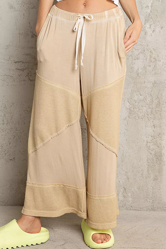 POL Elastic Waistband wide leg beige culotte pants with drawstring and pocketed design