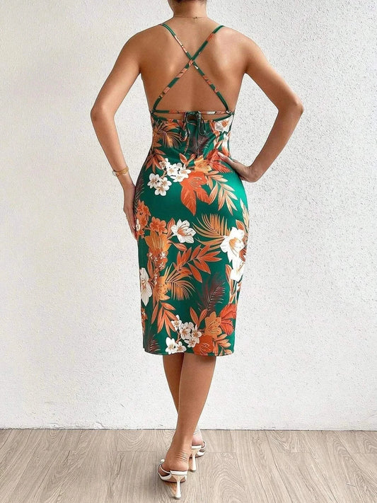 Crisscross Floral Bodycon Dress – Stylish Floral Print Back Detail - Redemption By Ashley North