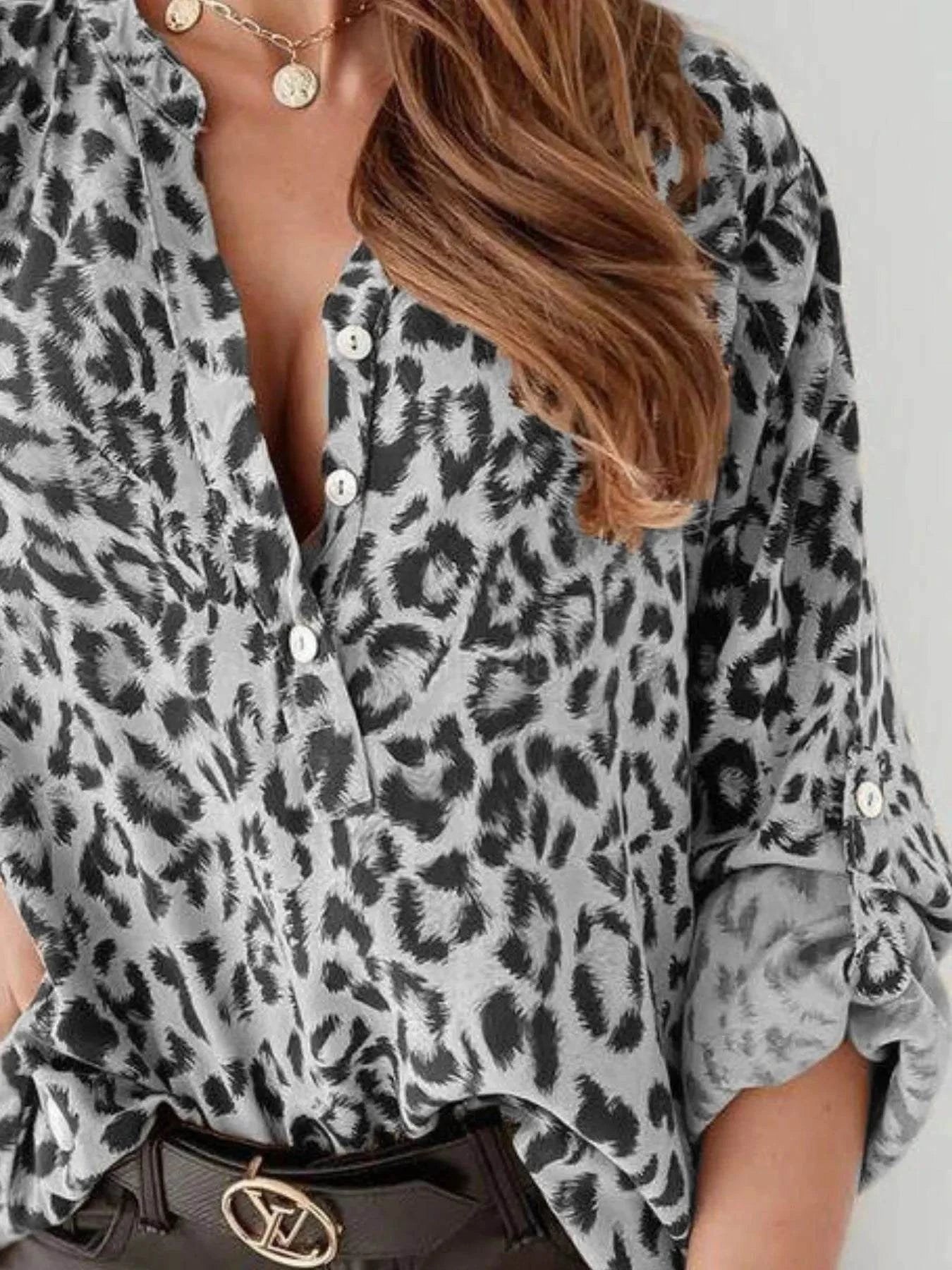 Plus Size Leopard Print Blouse with Roll-Tab Sleeves for Effortless Style - Redemption By Ashley North