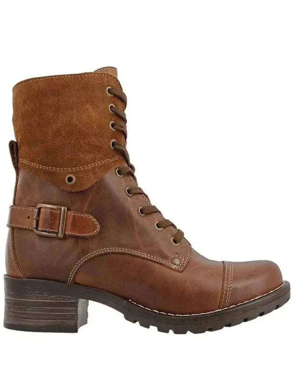 brown lace-up block heel boots with buckle and mid heel rubber sole