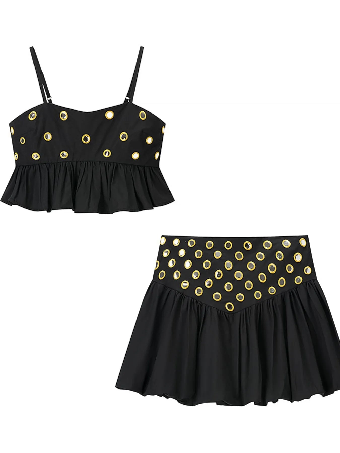 Black eyelet cami top and bubble skirt set with cutout and ruffled details, two-piece polyester blend outfit