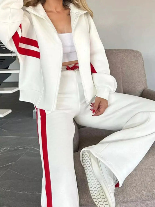 Full Size Striped Zip Up Outerwear and Pants Set Plus Size in white with red stripes, featuring a drawstring and slightly stretchy polyester fabric.
