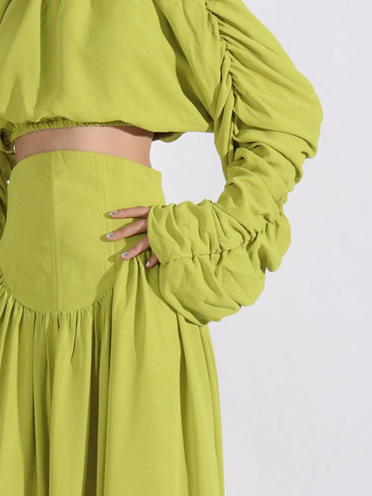 Green ruched long sleeve top and high waist skirt set with tied details in polyester fabric