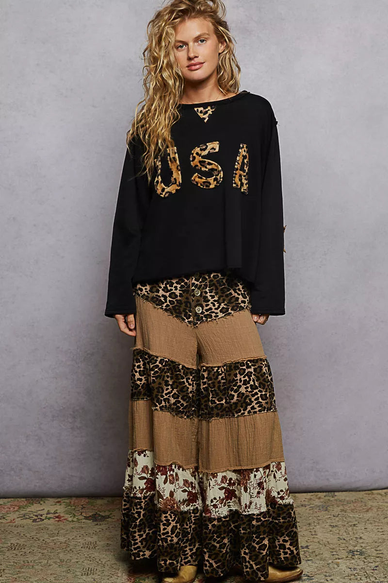 POL Round Neck long sleeve French terry sweatshirt with USA letter animal patch in black