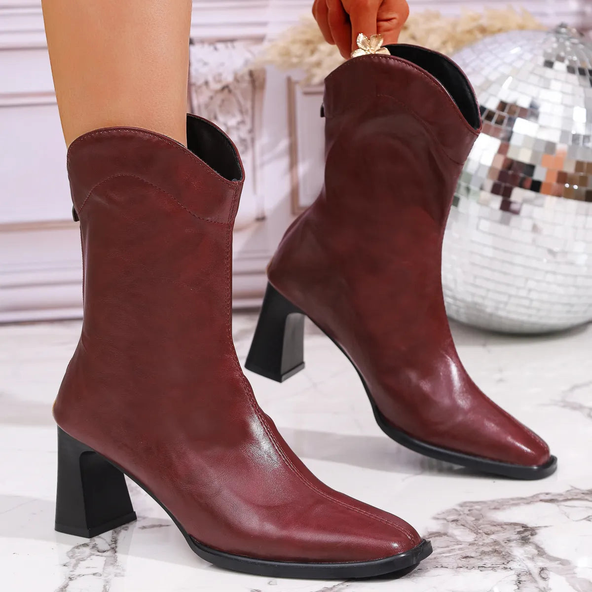 Leather Block Heel Boots.