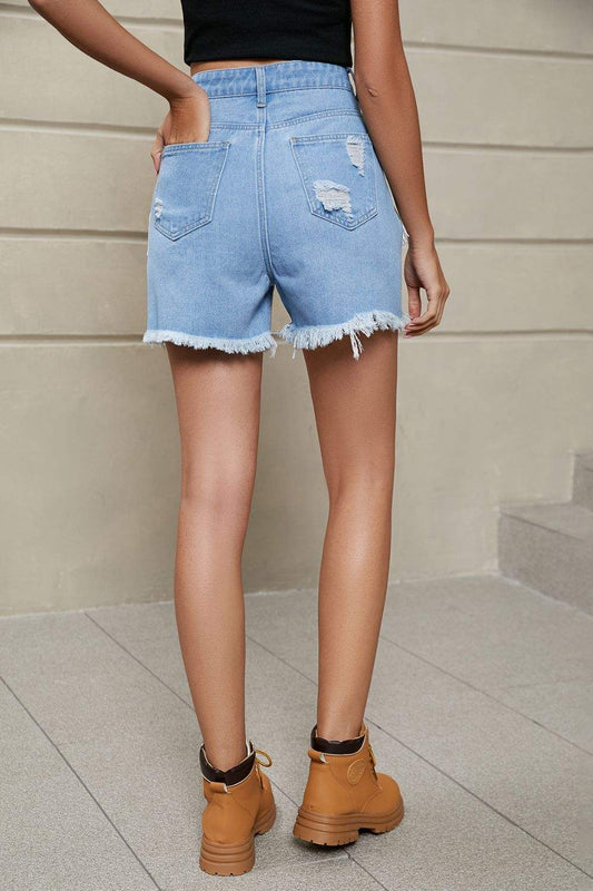 Fringe Trim Denim Shorts with Pockets - Distressed Style - Redemption By Ashley North