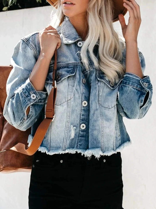 Distressed Denim Jacket with Raw Hem - Redemption By Ashley North