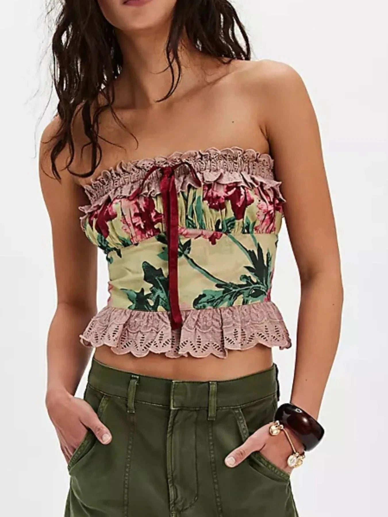 Floral Print Lace Trim Tube Top