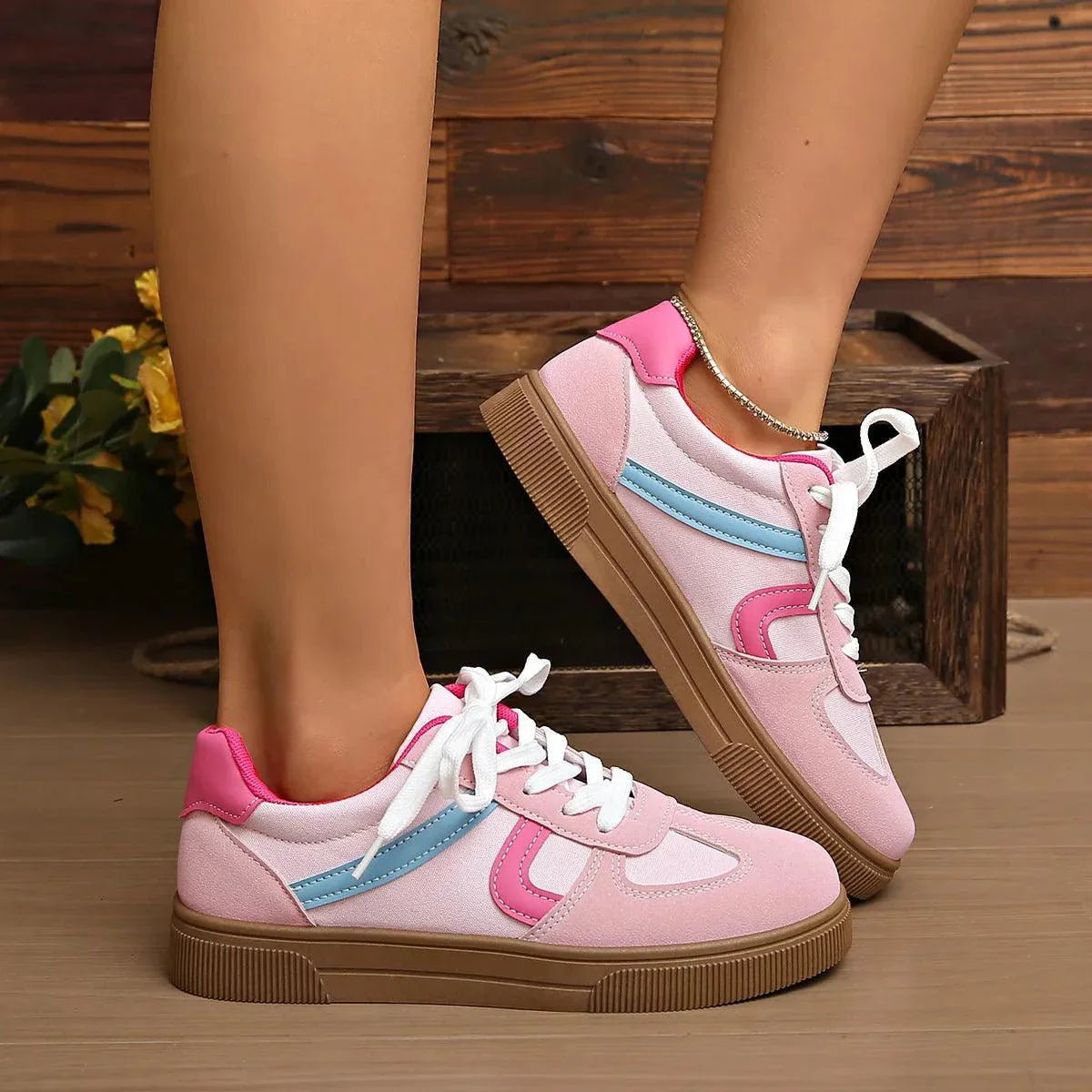 Pink and blue lace up platform sneakers in PU leather with rubber soles, flat heel, true to size fit