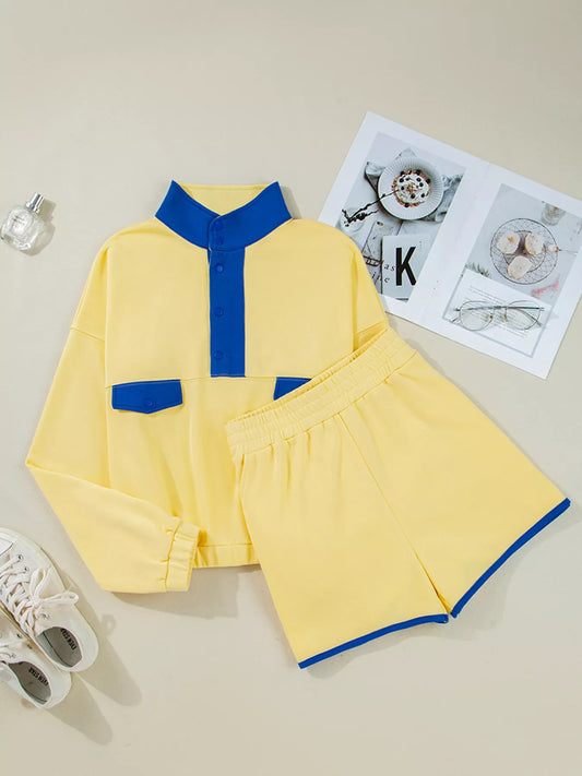 Yellow and blue color block patchwork half button top and shorts two-piece set with pockets and slight stretch