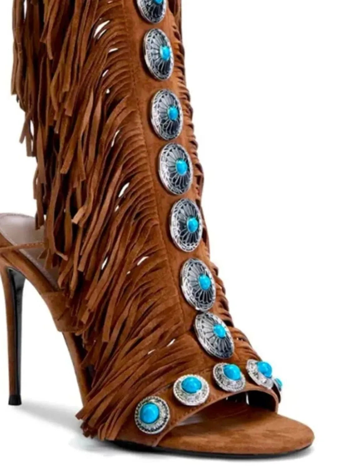 Fringe Lace Up High Heel Sandal.